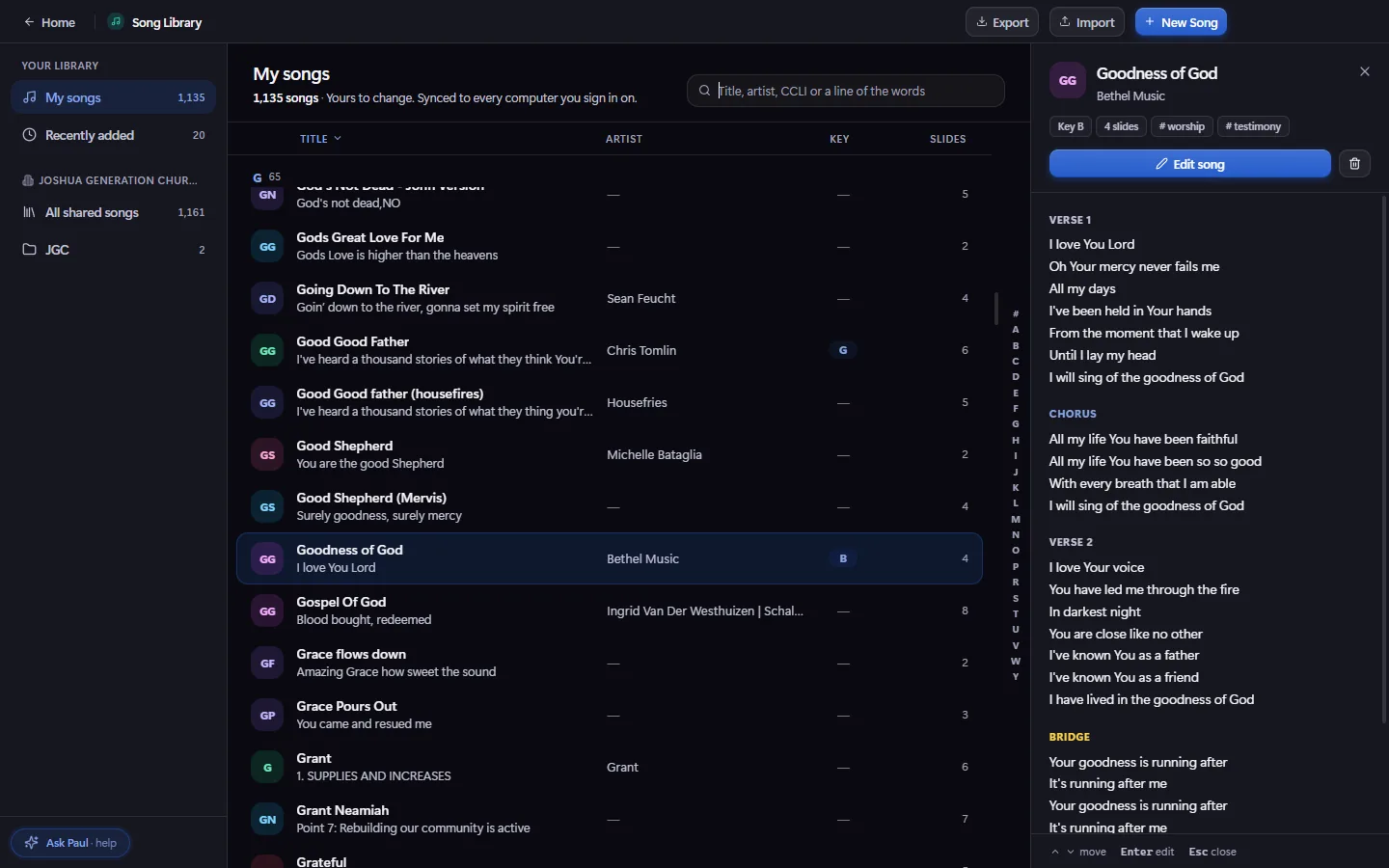 The song library with Goodness of God open in the preview